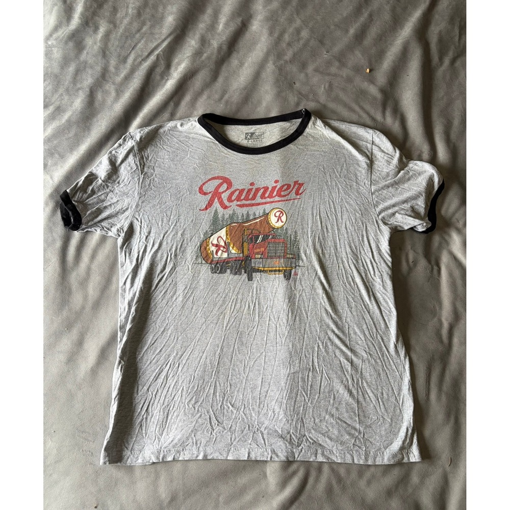 Rainier Beer Graphic Ringer T-Shirt Mens XL Gray Black PNW Truck Logo Tee